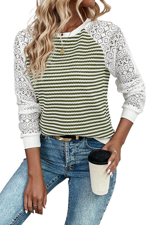 Green Stripe Textured Knit Contrast Hollowed Lace Patchwork Long Sleeve Top