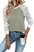 Green Stripe Textured Knit Contrast Hollowed Lace Patchwork Long Sleeve Top