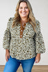Khaki Plus Size Buttoned Contrast Trim Puff Sleeve Leopard Print Blouse
