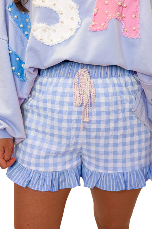 Sky Blue Gingham Print Ruffle Striped Detail Lace Tie Shorts