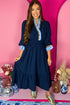Navy Blue Contrast Frilled Trim V Neck 3/4 Ruffled Sleeve Flowy Midi Dress