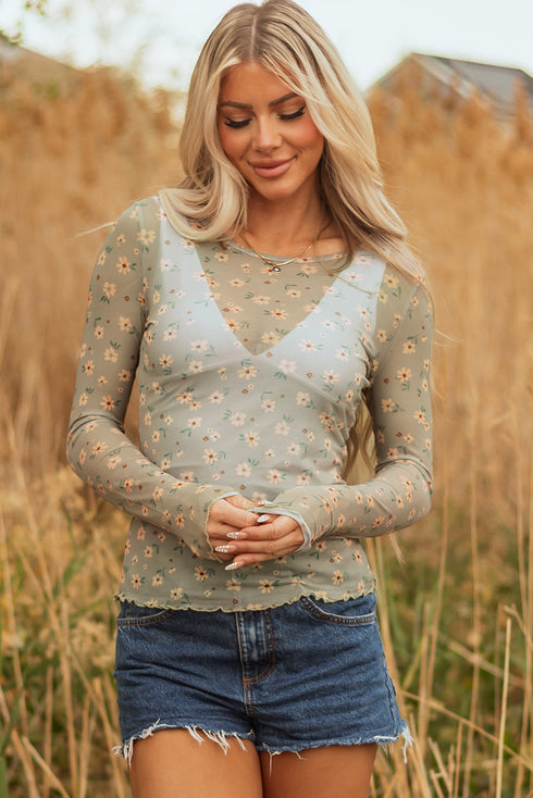 floral mesh long sleeve top