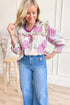Purple Floral Print Striped Ruffle Contrasted Trim 3/4 Sleeve Blouse