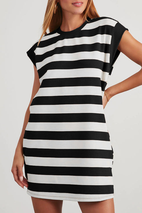 Black Stripe Cap Sleeve Shift T Shirt Dress