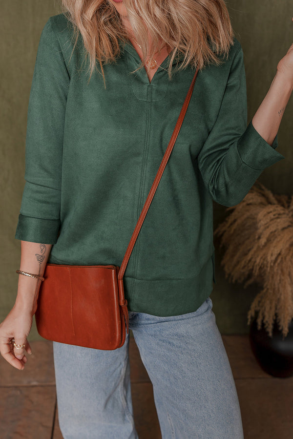 Evergreen Central Seam Detail 3/4 Sleeve Split Neck Top