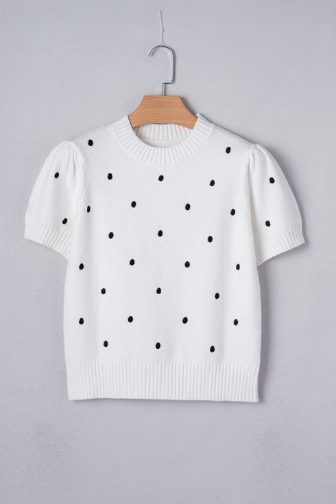 White Elegant Polka Dot Bubble Short Sleeve Sweater