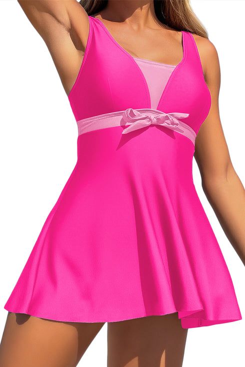 Rose Red Color Block/ Floral Print Patchwork Bow Knot Detail Sleeveless Swim Dress