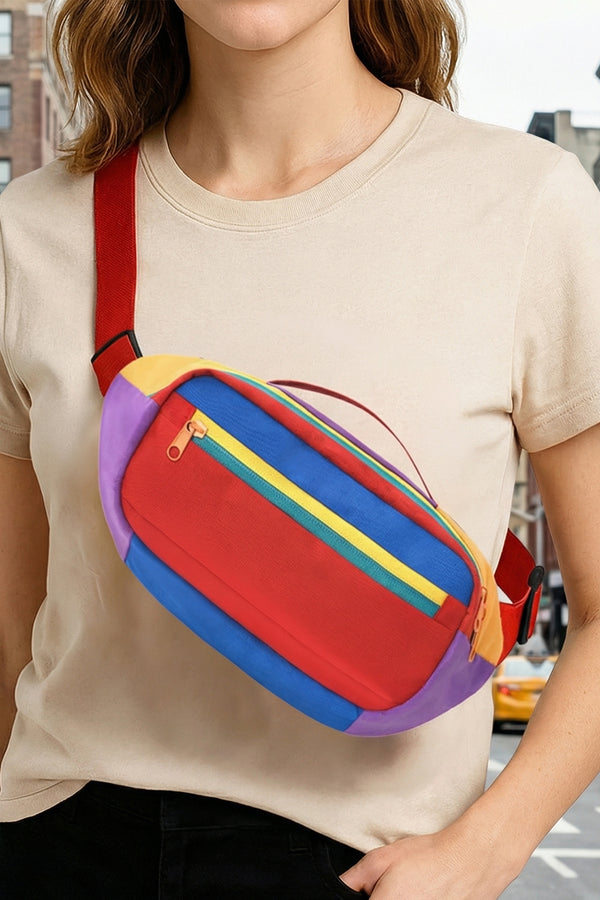 Fiery Red Vibrant Color Block Canvas Fanny Pack Belt Bag