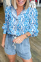 Sky Blue Floral Print Frilled Striped Trim Button Down Smocked Cuffs Long Sleeve Shirt