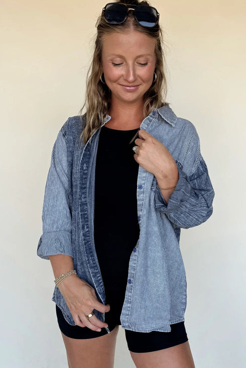 Myosotis Denim Mixed Stripe Patchwork Drop Shoulder Jacket