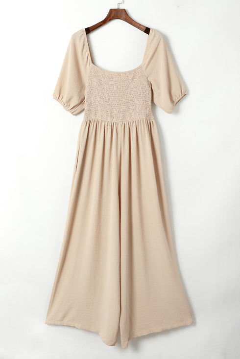 Apricot Short Bubble Sleeve Smocked Wide Leg Jumpsuit
