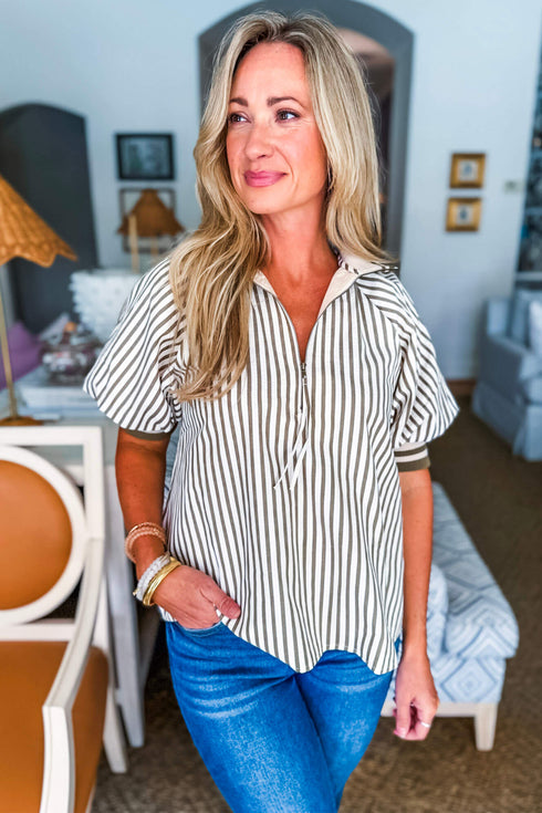 Green Stripe Polo Collar Half Zip Short Puff Sleeve Blouse