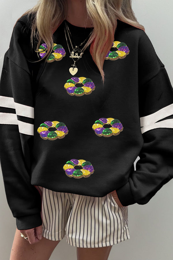 Black Mardi Gras Donuts Sequin Patched Varsity Sweatshirt