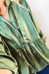Mist Green Satin Half Button Lace Insert Neckline 3/4 Sleeve Peplum Blouse