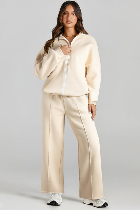 Beige Drop Shoulder Zip Up Jacket Drawstring Pants Active 2pcs Set