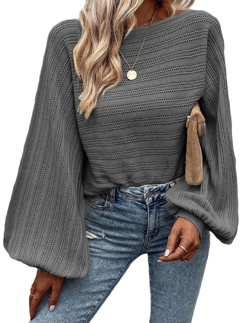 dark-grey-lantern-sleeve-eyelets-textured-knit-sweater