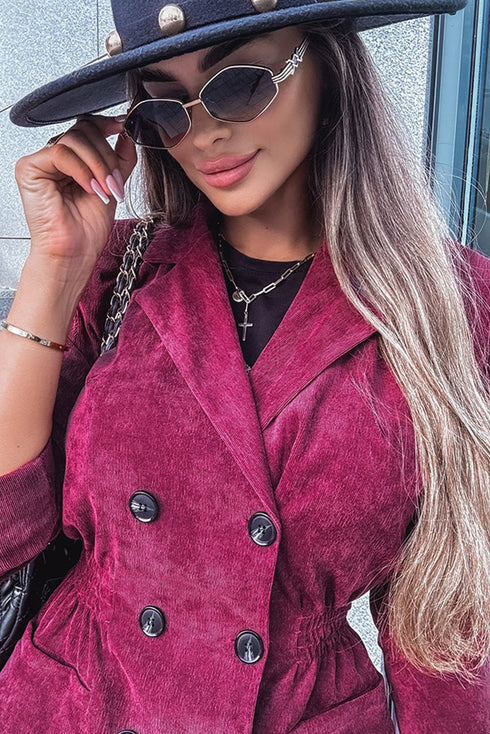 Pitaya Pink Corduroy Double Breasted Smocked Waist Blazer