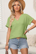 Grass Green Textured Wide Sleeve V Neck T Shirt