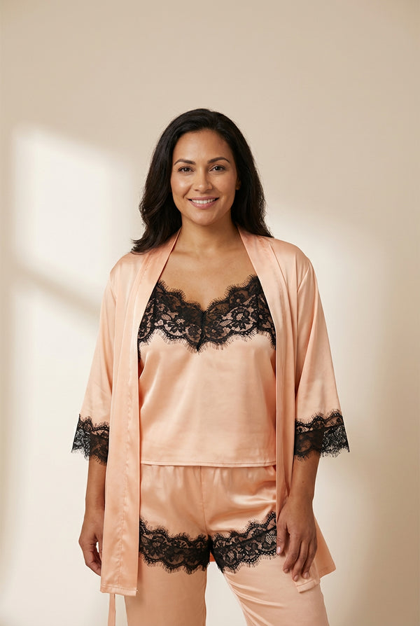 Women's 5 Piece Satin Pajama Set: Robe, Top, Shorts, Camisole, Pants made for easy styling and wardrobe coordination, with premium-like structure and