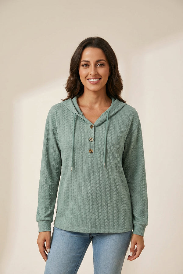 women's sage textured cable-knit henley hoodie made for easy styling and wardrobe coordination, with premium-like structure and finish. with practical