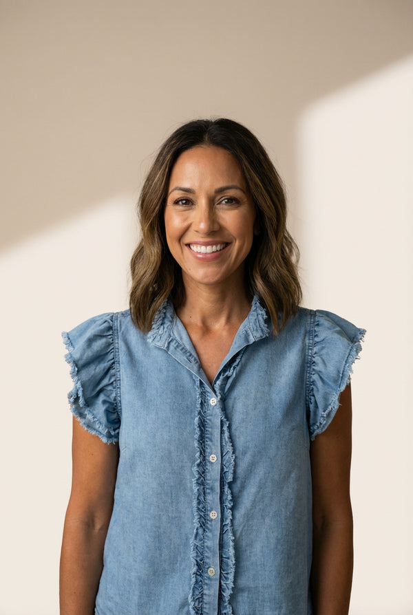 Women's Beau Blue Ruffle Flutter Sleeve Frayed Denim Top