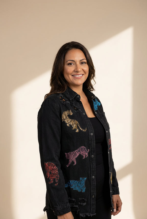 Women's Trendy Black Sequin Tiger Print Distressed Denim Jacket