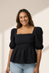 Stylish Black Square Neck Peplum Top with Textured Puff Sleeves