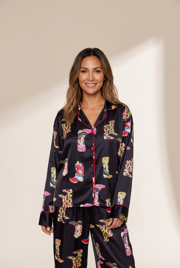 Women's Cowgirl Chic Satin Pajama Set with Western Print