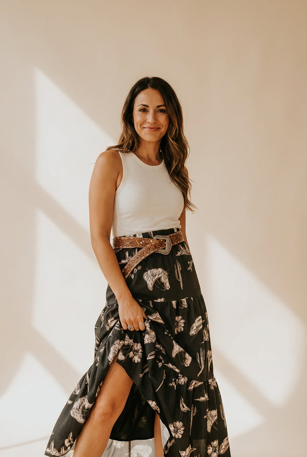Women's Black Western Print Tiered Ruffled High Waist Maxi Skirt