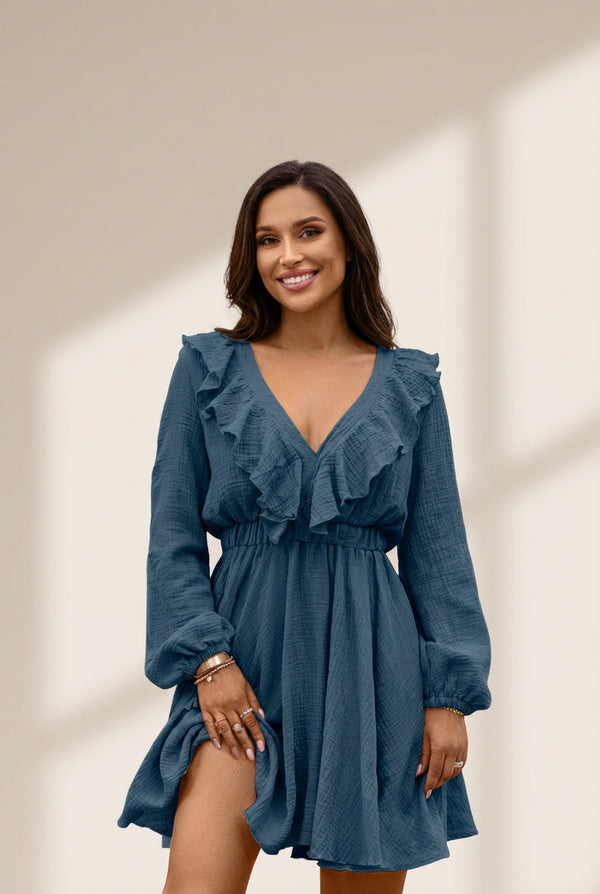 Women's Blue Ruffle Mini Dress with Long Sleeves and V-Neck