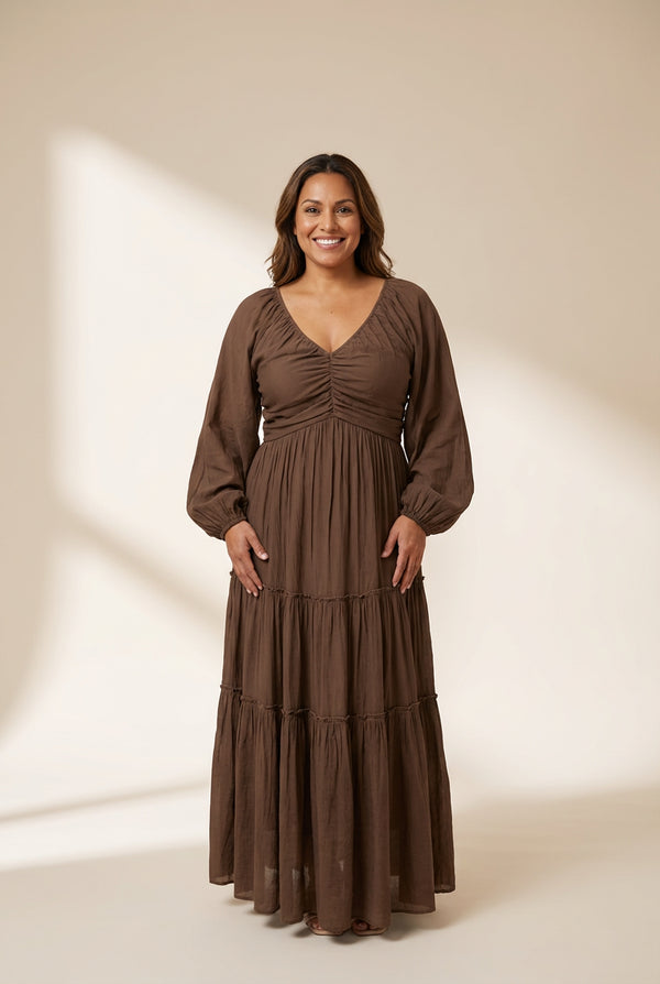 Women's Espresso Brown V-Neck Tiered Maxi Dress with Lantern Sleeves