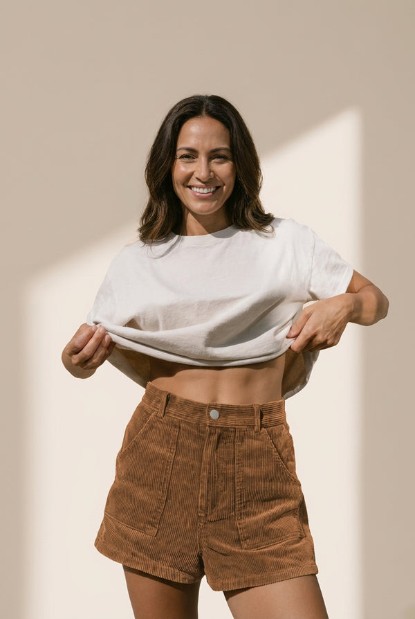 Women's High-Waist Cotton Corduroy Shorts in Russet Brown