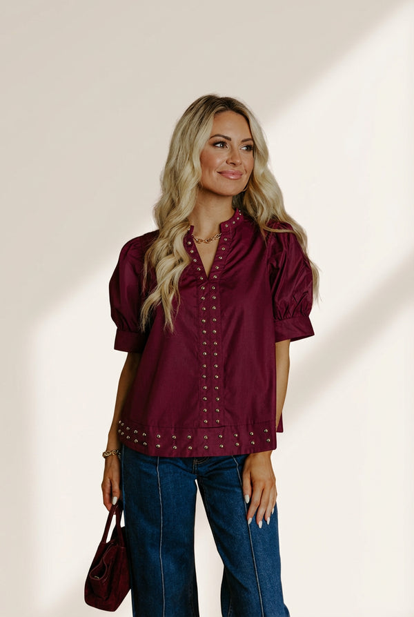 Burgundy Rivet Embellished V Neck Short Puff Sleeve Blouse