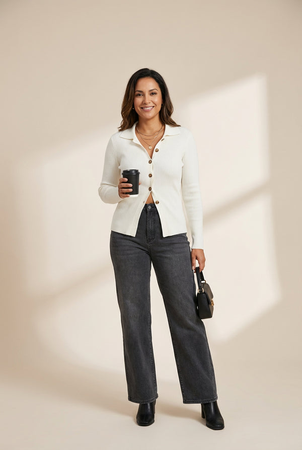 Women's Ribbed Knit Button Detail Jacket in Bone White made for easy styling and wardrobe coordination, with premium-like structure and finish.