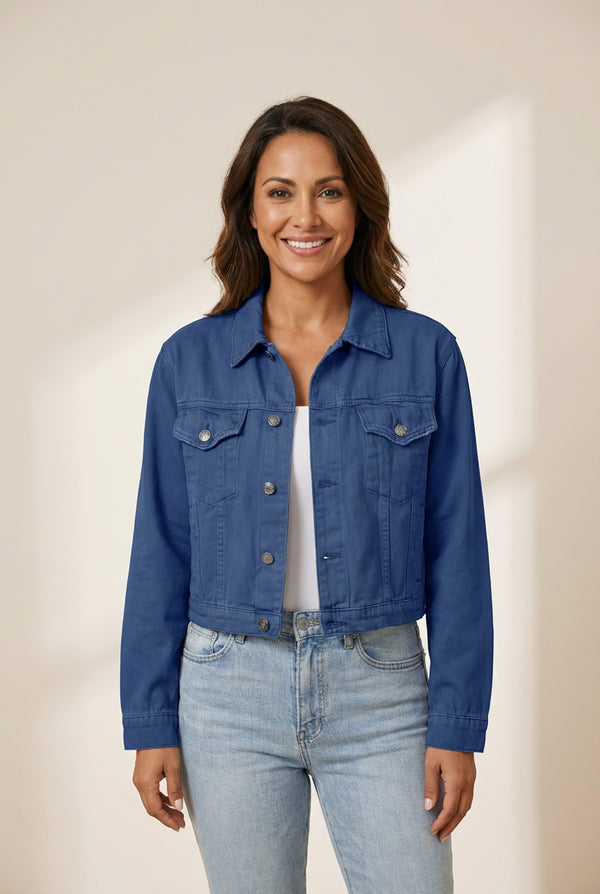 Women's Classic Cropped Denim Jacket with Utility Pockets made for easy styling and wardrobe coordination, with premium-like structure and finish.