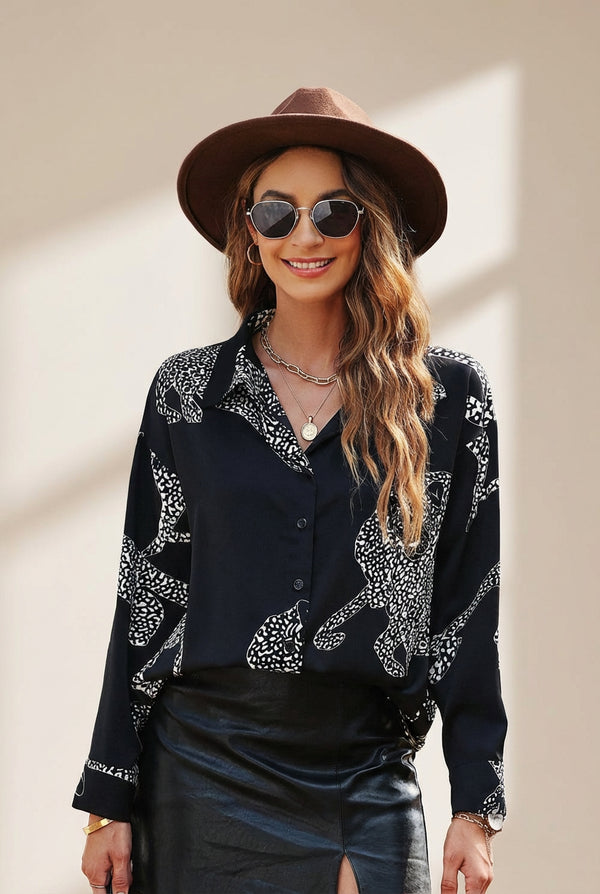 Women's Leopard Print Silk-Blend Button-Down Shirt in Jet Black