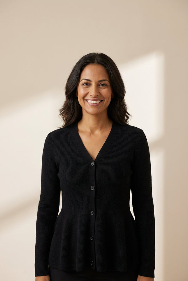 Women's V-Neck Ribbed Peplum Cardigan in Obsidian Black made for easy styling and wardrobe coordination, with premium-like structure and finish.