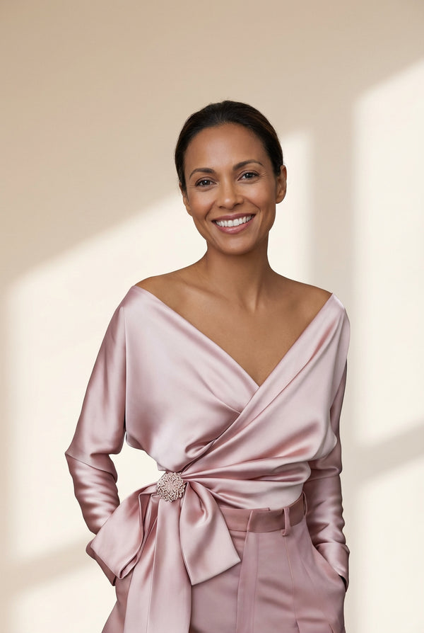 Women's Elegant Satin Wrap Blouse with Crystal Brooch Detail
