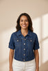 Short Sleeve Women's Denim Coat with Single Button Flap Pockets