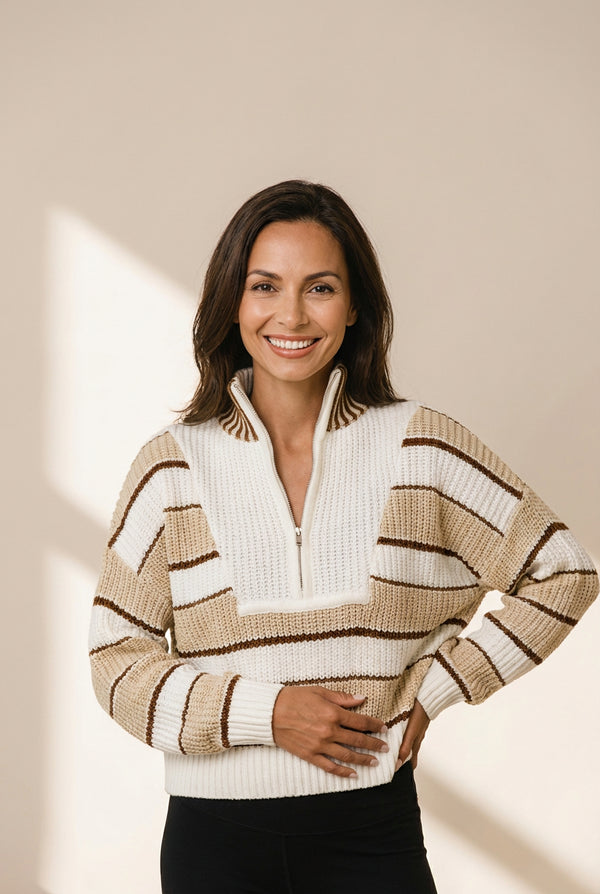 Women's Khaki Stripe Half-Zip Sweater with Drop Shoulder