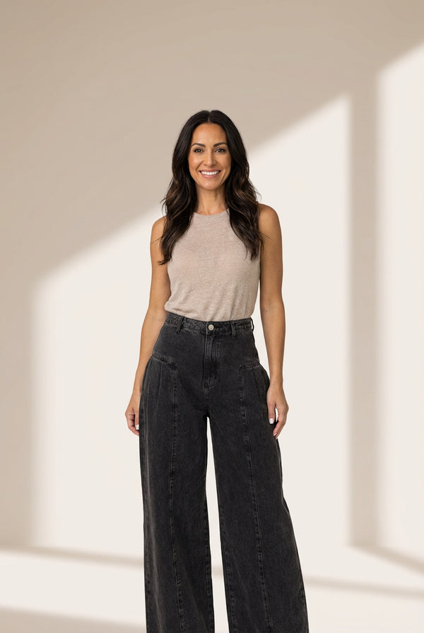 chic women's dark grey pleated wide leg denim pants with mineral wash