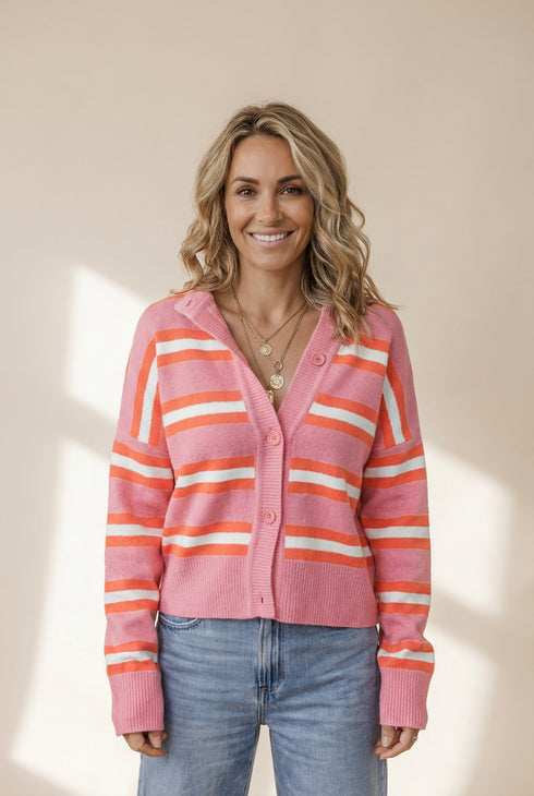Pink Stripe Drop Shoulder Buttons Cardigan Sweater