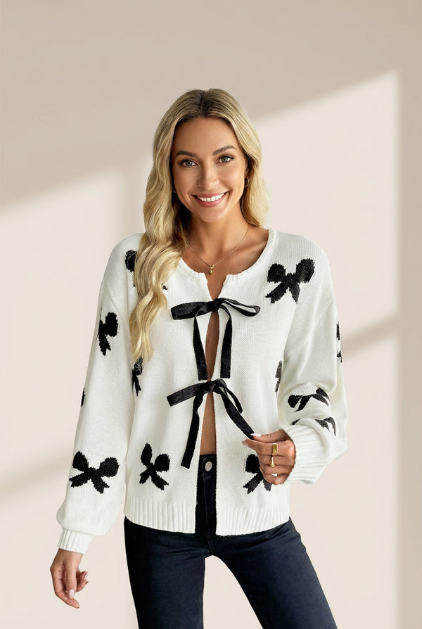 Women's Intarsia Bow Tie-Front Cardigan in Ivory and Black made for easy styling and wardrobe coordination, with premium-like structure and finish.