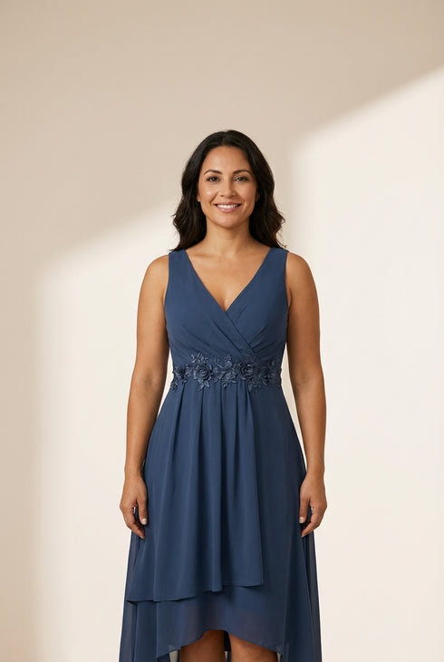 Chiffon Appliques V Neck Tea Length Sleeveless Wholesale Wedding Guest Dress