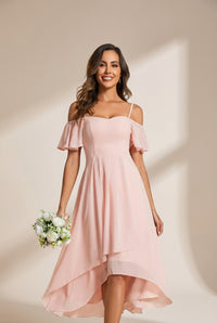 Women's Blush Chiffon Cold-Shoulder Wedding Guest Dress in Pink