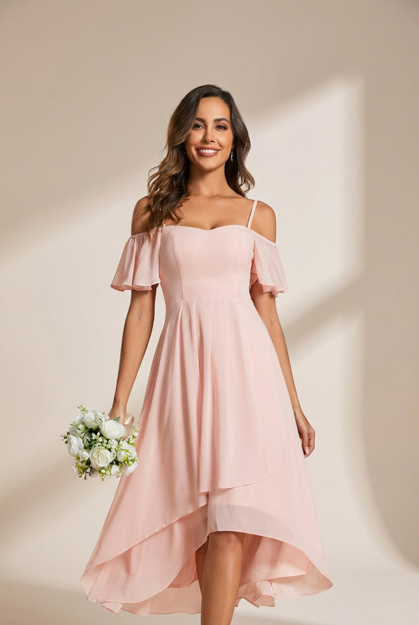 Women's Blush Chiffon Cold-Shoulder Wedding Guest Dress