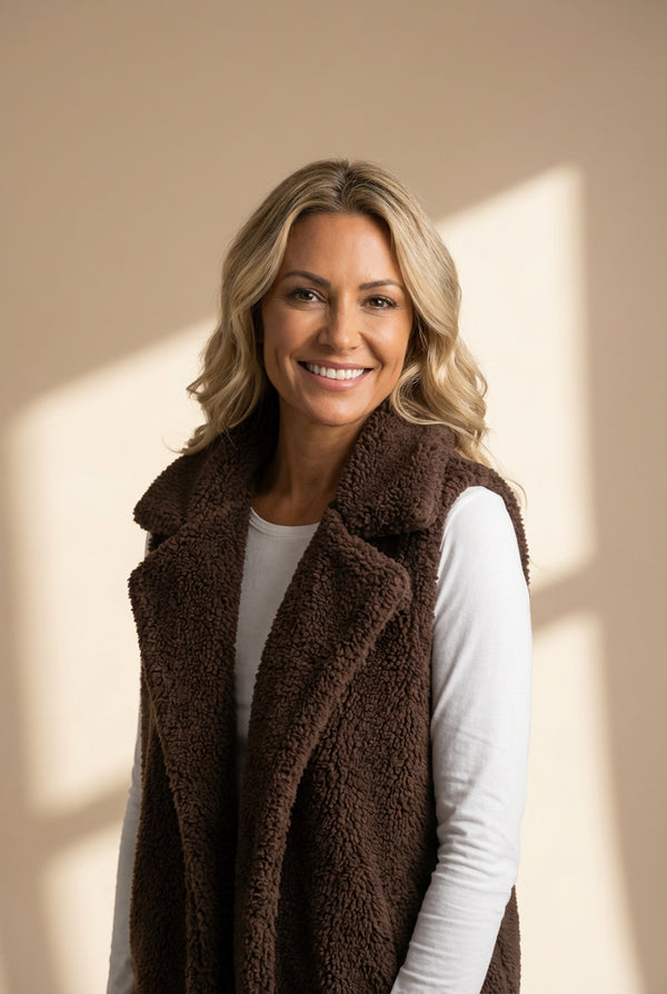 Women's Plush Espresso Sherpa Vest with Oversized Lapels made for easy styling and wardrobe coordination, with premium-like structure and finish.