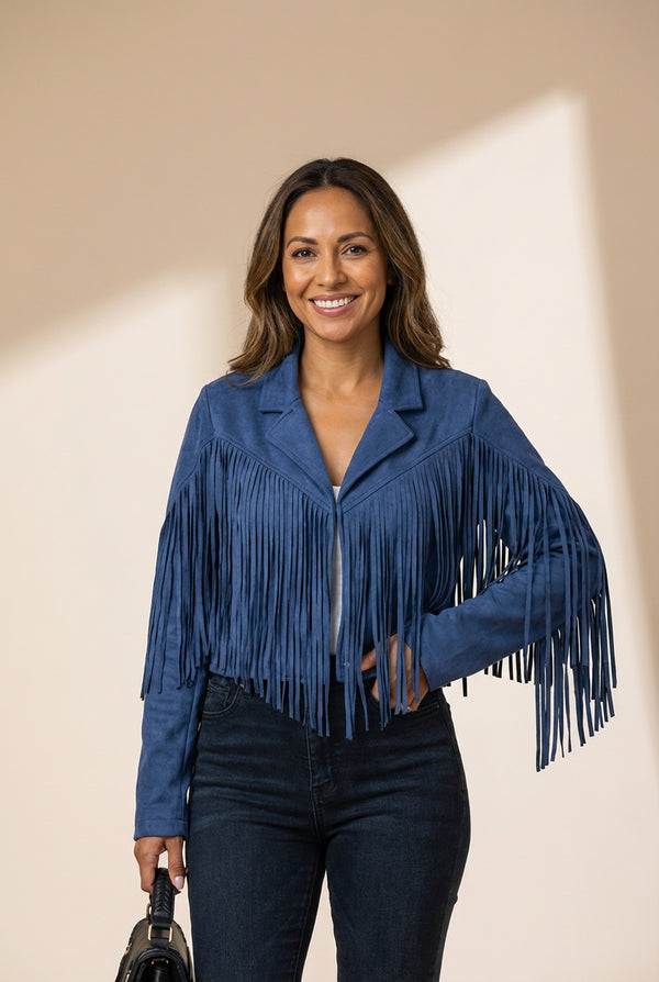 Women's Fringe Suede Lapel Jacket with Batwing Sleeves