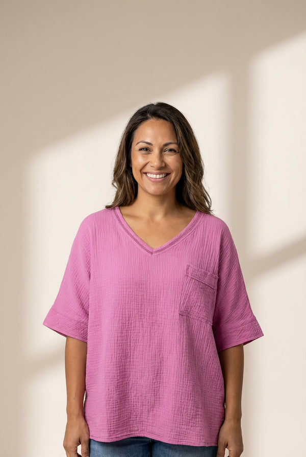 Cotton Gauze V-Neck Pocket Tunic Top in Orchid Pink with practical styling and dependable silhouette control.