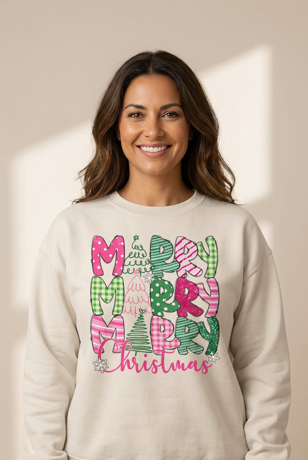 Women's Beige Merry Christmas Graphic Sweatshirt in Cotton Blend